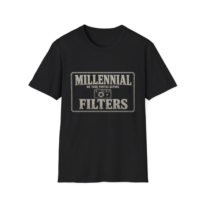 T-Shirt — "Millennial — We Took Photos Before Filters" Pre-Filter Photos White-Ink Tee
