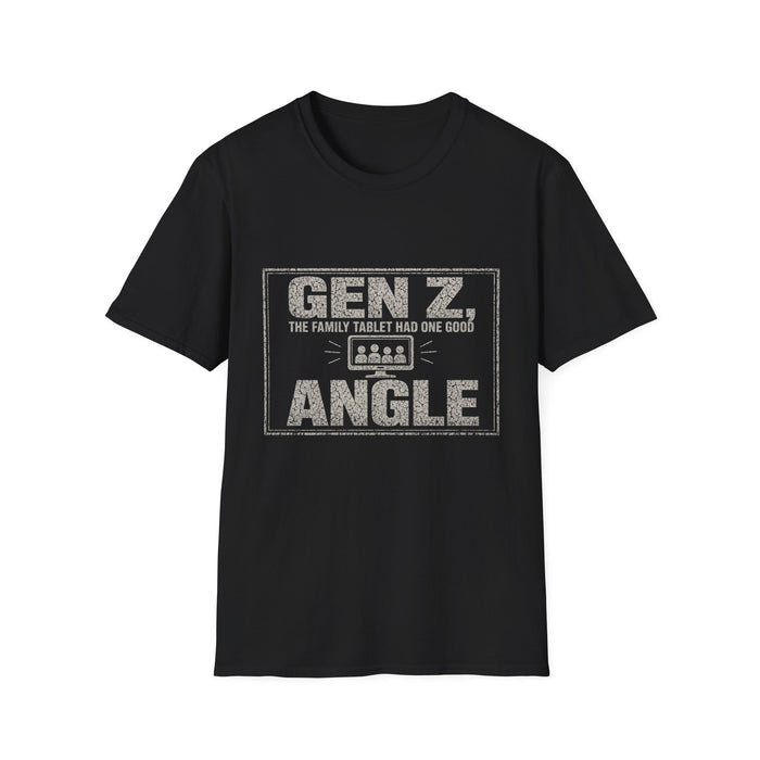 T-Shirt — "Gen Z — The Family Tablet Had One Good Angle" Family Tablet White-Ink Tee