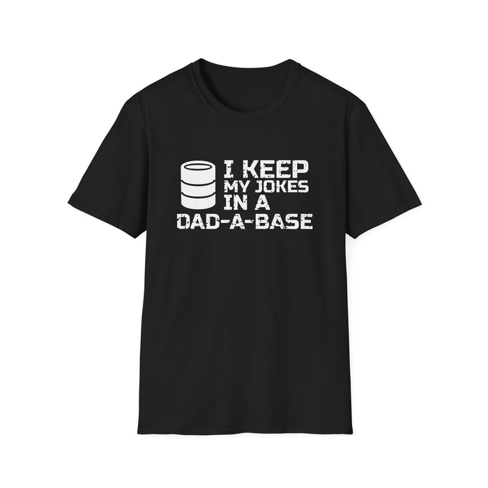 I Keep My Jokes In A Dad-a-base White Ink Tee - front flat mockup