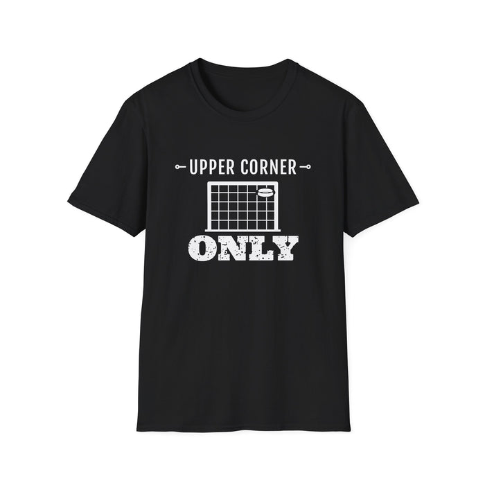 Upper Corner Only funny hockey tee, white ink on a black tee, front view