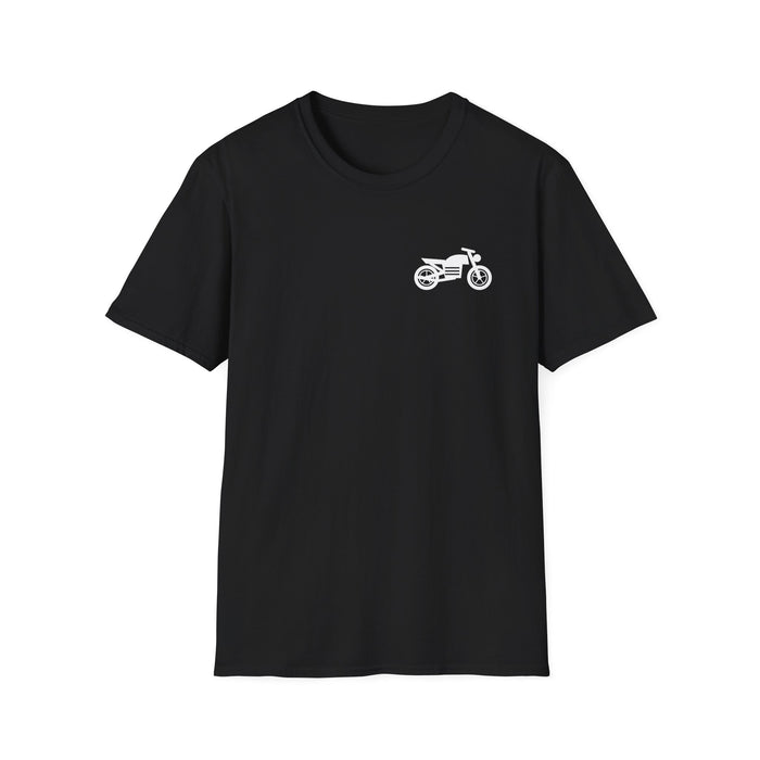 If You Can Read This, The Passenger Fell Off funny motorcycle tee, white ink on a black tee, front view