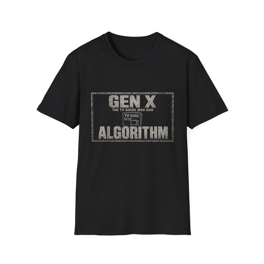 T-Shirt — "Gen X — The TV Guide Was Our Algorithm" TV Guide Expert White-Ink Tee