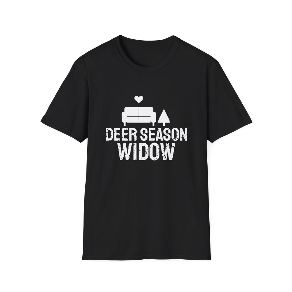 Deer Season Widow funny hunting tee, white ink on a black tee, front view