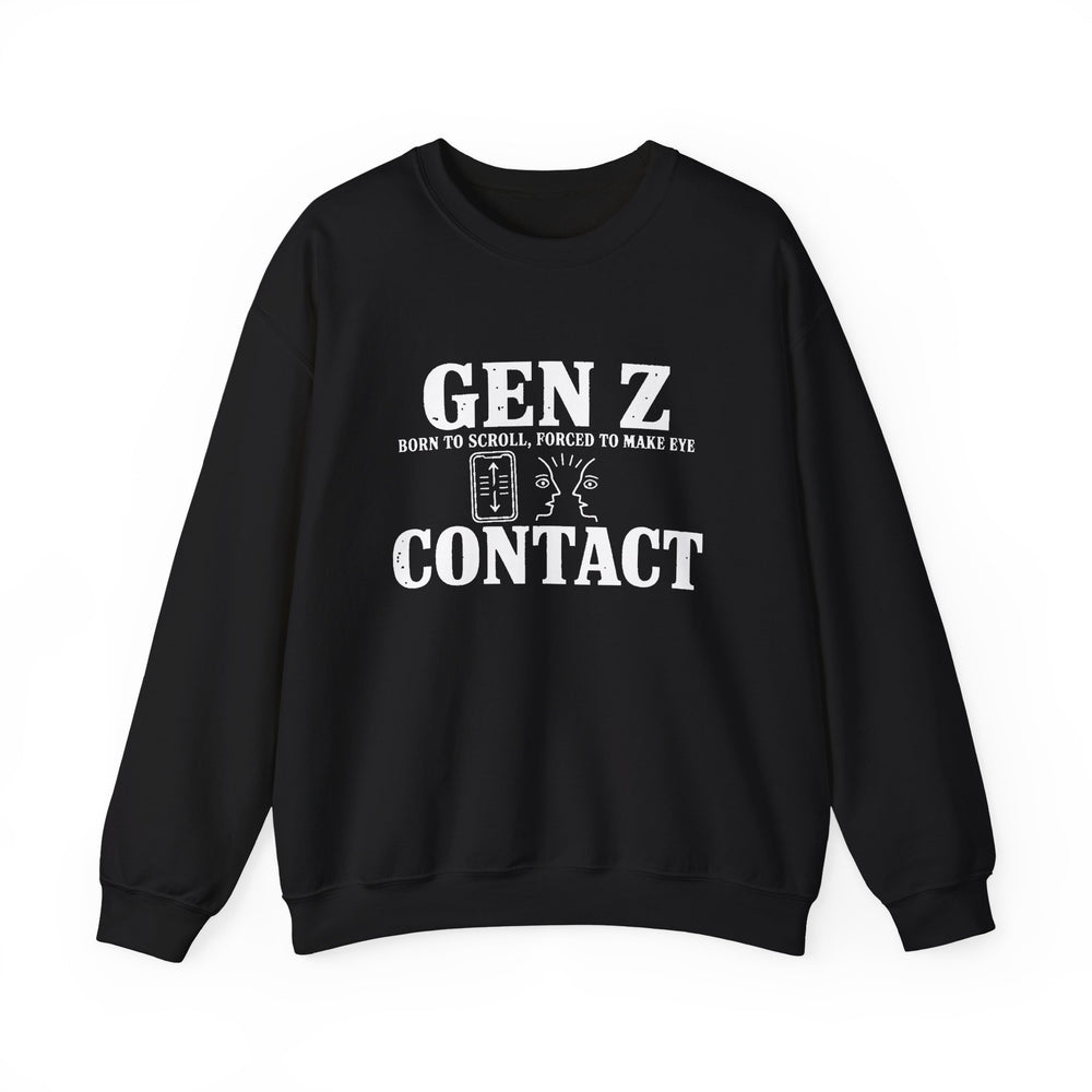 Born to Scroll, Forced to Make Eye Contact Gen Z crewneck sweatshirt in black, front view