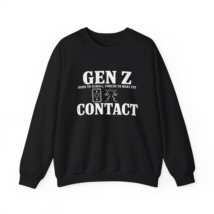 Born to Scroll, Forced to Make Eye Contact Gen Z crewneck sweatshirt in black, front view