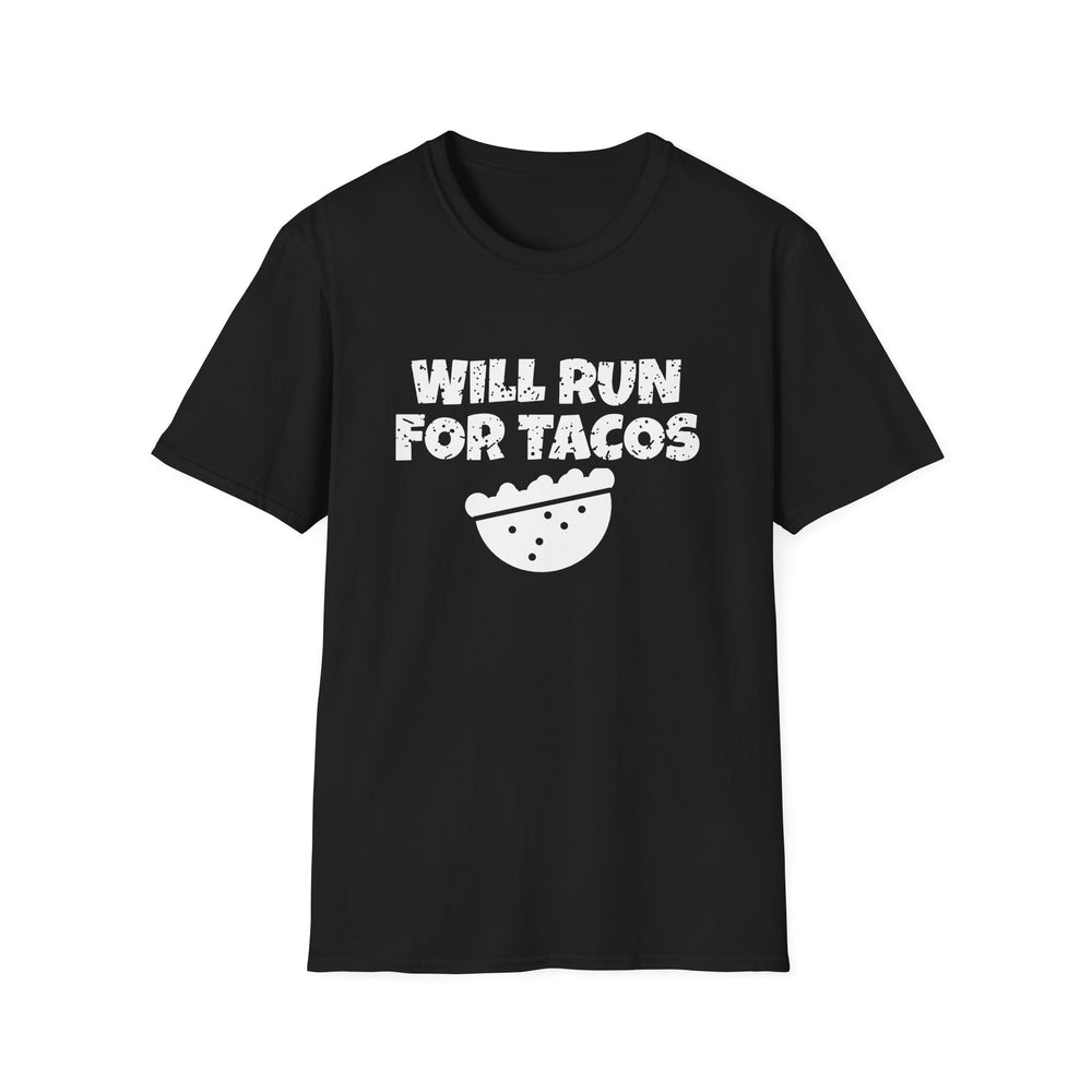 Will Run For Tacos funny running tee, white ink on a black tee, front view