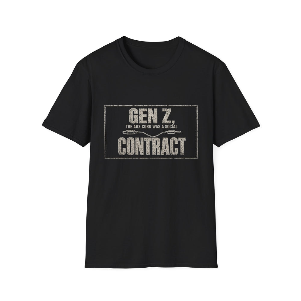 T-Shirt — "Gen Z — The Aux Cord Was a Social Contract" Aux Cord Contract White-Ink Tee