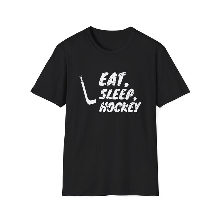 Eat, Sleep, Hockey funny hockey tee, white ink on a black tee, front view