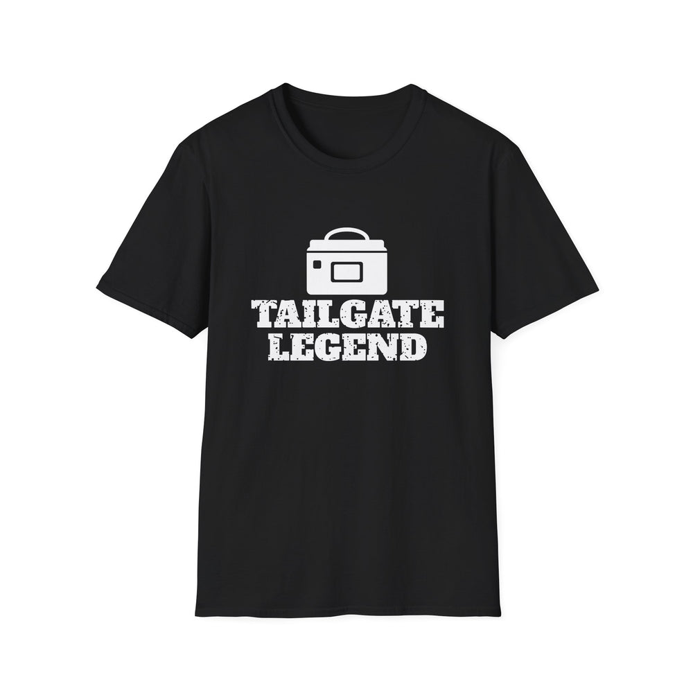Tailgate Legend funny graphic tee, white ink on a black tee, front view