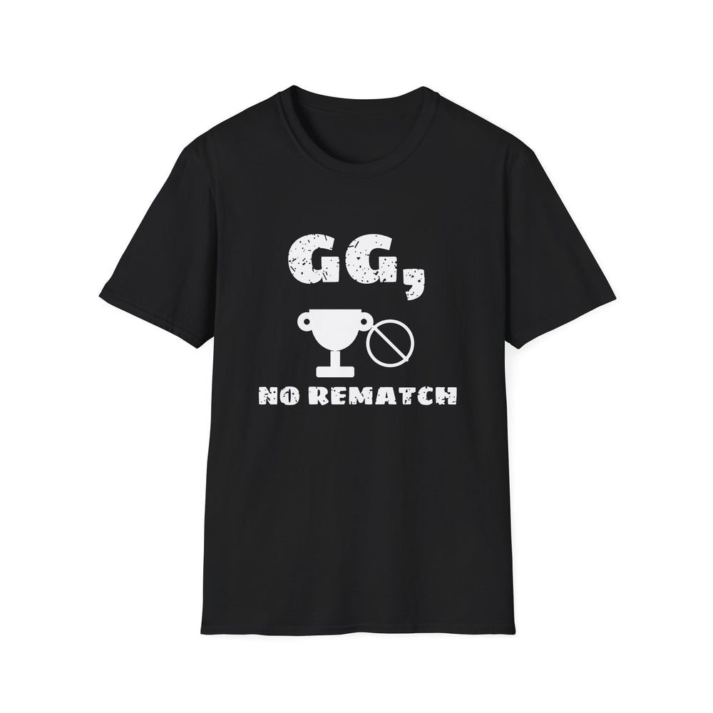GG, No Rematch funny gamer tee, white ink on a black tee, front view