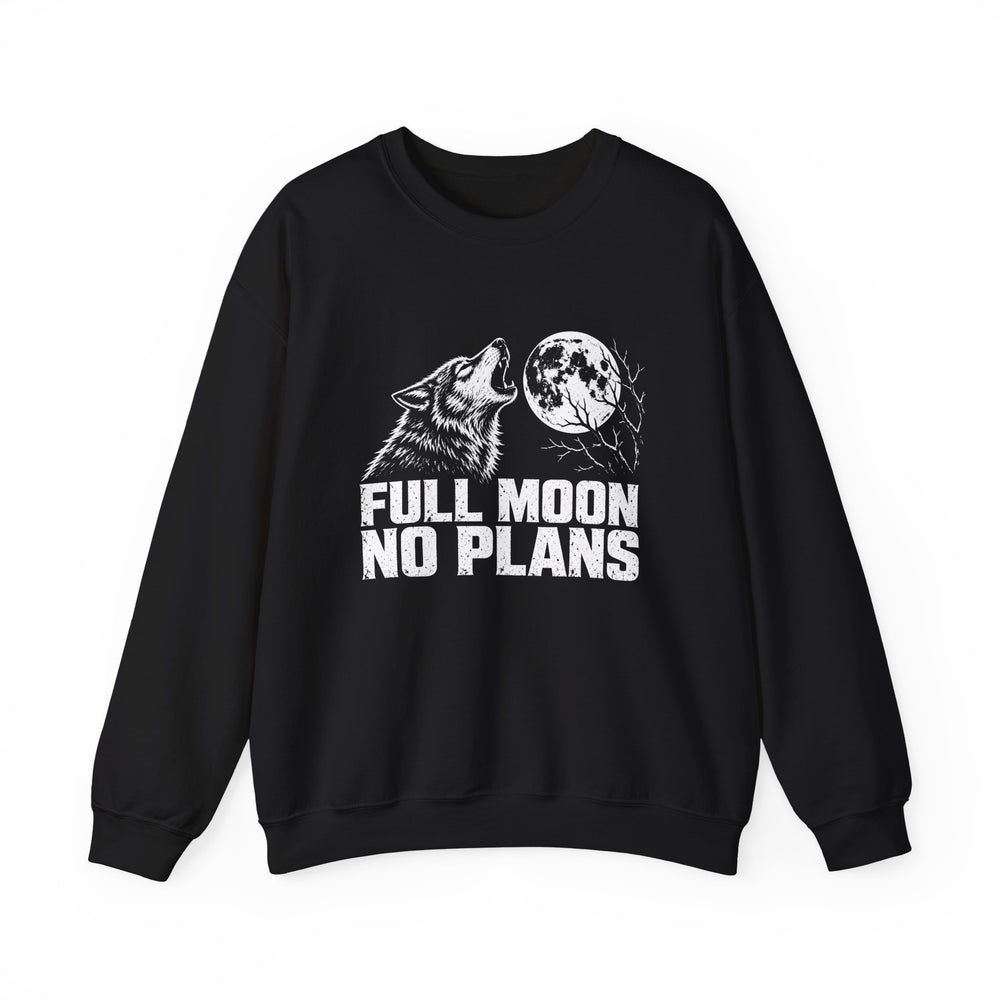 Full Moon No Plans crewneck sweatshirt in black, front view