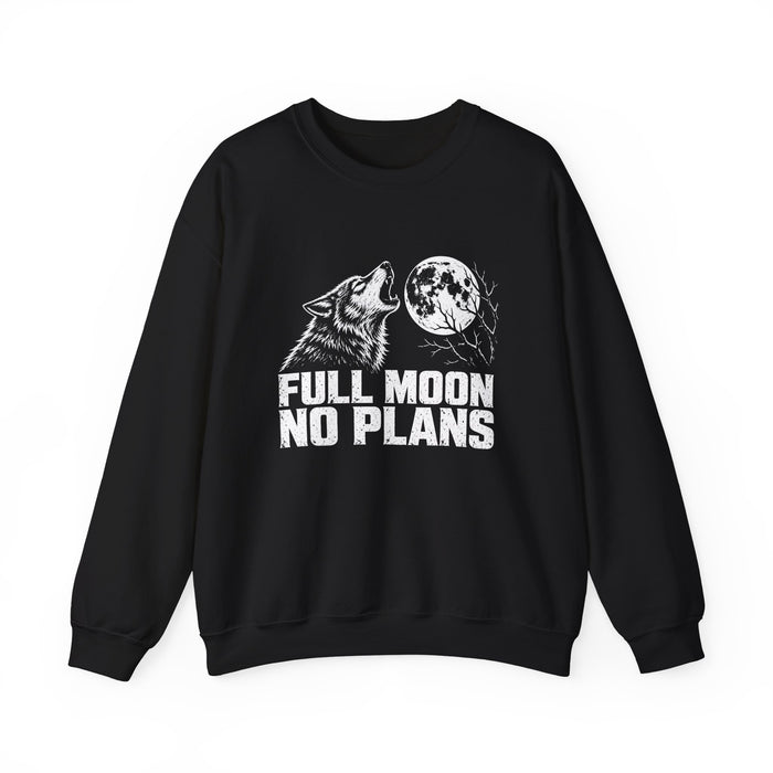 Full Moon No Plans crewneck sweatshirt in black, front view