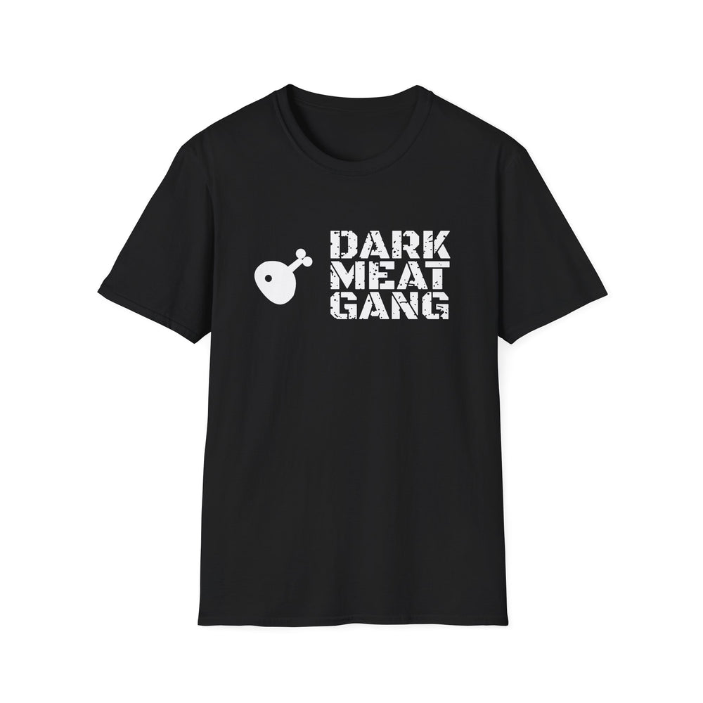 Dark Meat Gang funny graphic tee, white ink on a black tee, front view