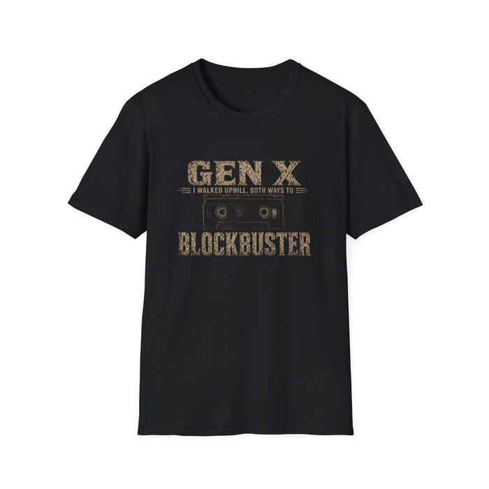 T-Shirt — "Gen X — I Walked Uphill Both Ways to Blockbuster" Retro VHS Tee - front flat mockup