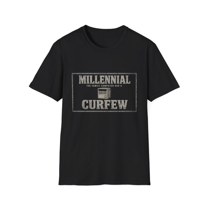 T-Shirt — "Millennial — The Family Computer Had a Curfew" Family Computer White-Ink Tee