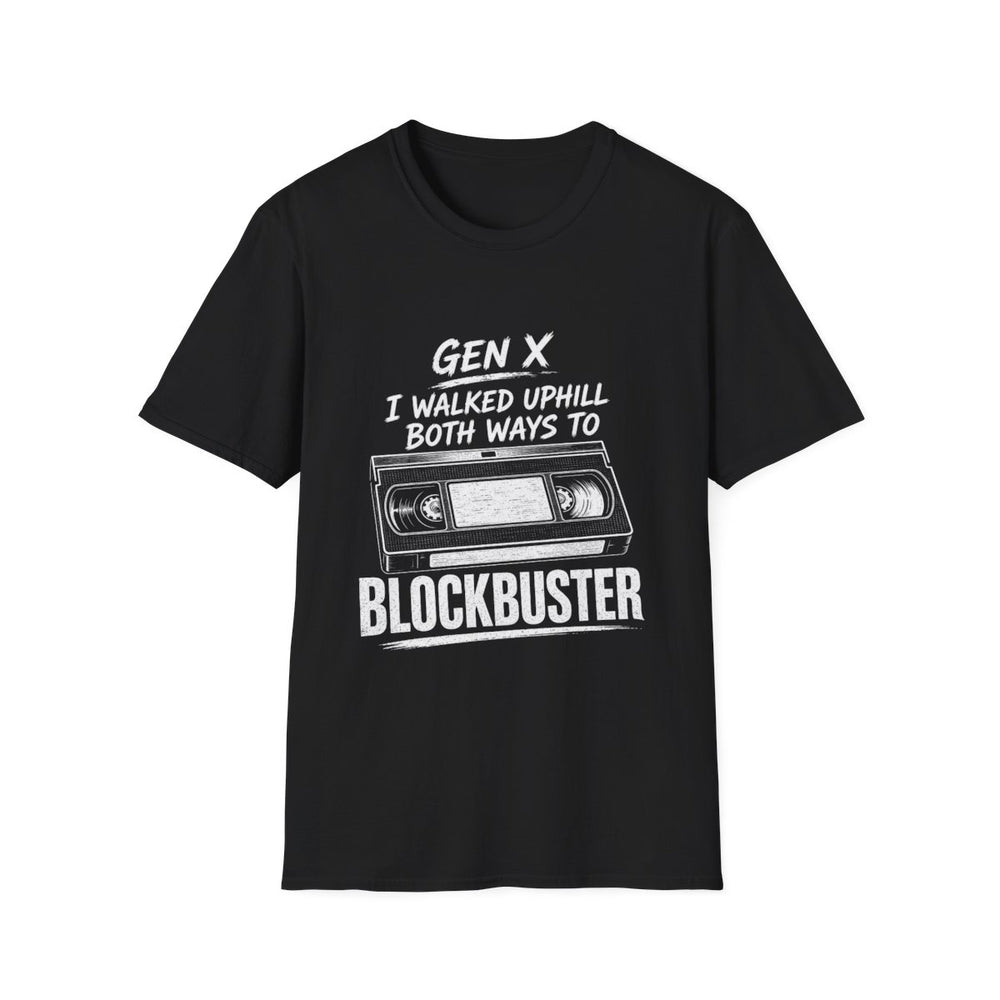 T-Shirt — "Gen X — I Walked Uphill Both Ways to Blockbuster" Retro VHS Tee (White Ink)