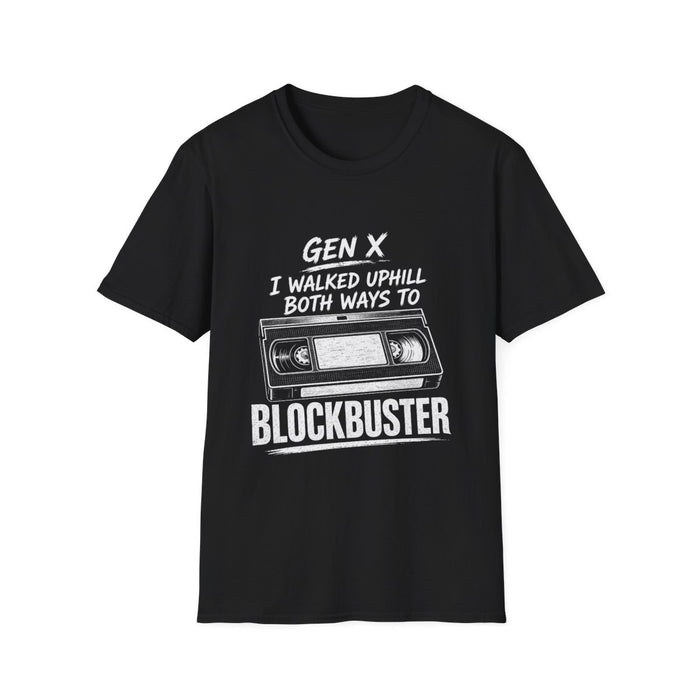 T-Shirt — "Gen X — I Walked Uphill Both Ways to Blockbuster" Retro VHS Tee (White Ink)