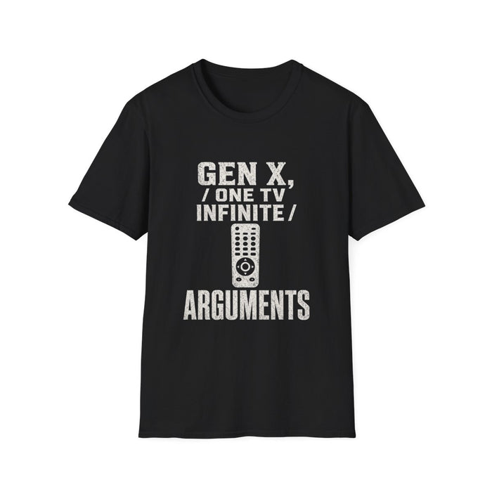 T-Shirt — "Gen X — One TV, Infinite Arguments" Remote Negotiator White-Ink Tee