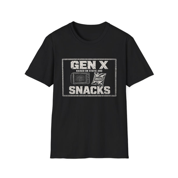 T-Shirt — "Gen X — Raised on Static and Snacks" Static & Snacks White-Ink Tee
