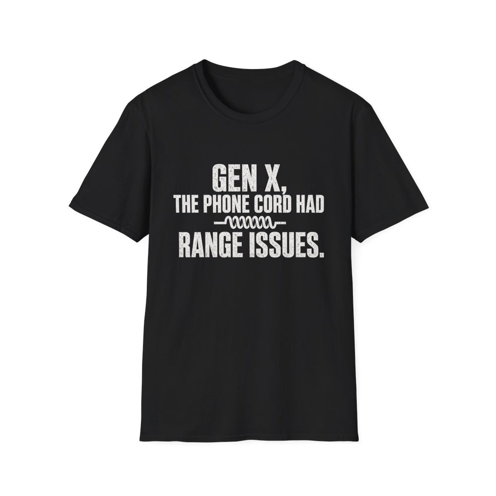 T-Shirt — "Gen X — The Phone Cord Had Range Issues" Phone Cord Historian White-Ink Tee