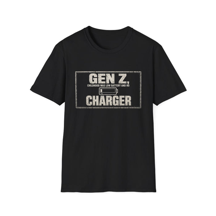 T-Shirt — "Gen Z — Childhood Was Low Battery and No Charger" Low Battery Childhood White-Ink Tee