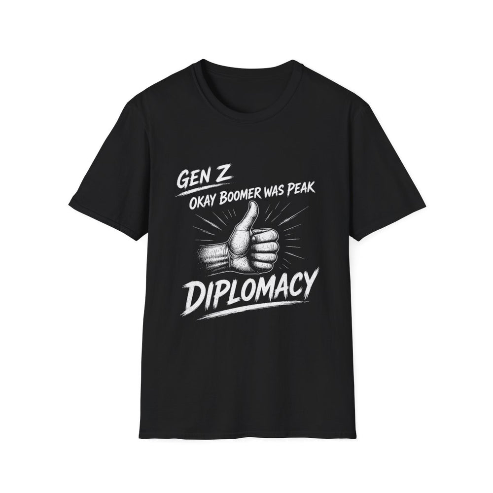 T-Shirt — "Gen Z — Okay Boomer Was Peak Diplomacy" Thumbs Up Tee (White Ink)