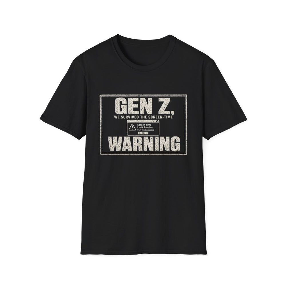 T-Shirt — "Gen Z — We Survived the Screen-Time Warning" Screen-Time Survivor White-Ink Tee