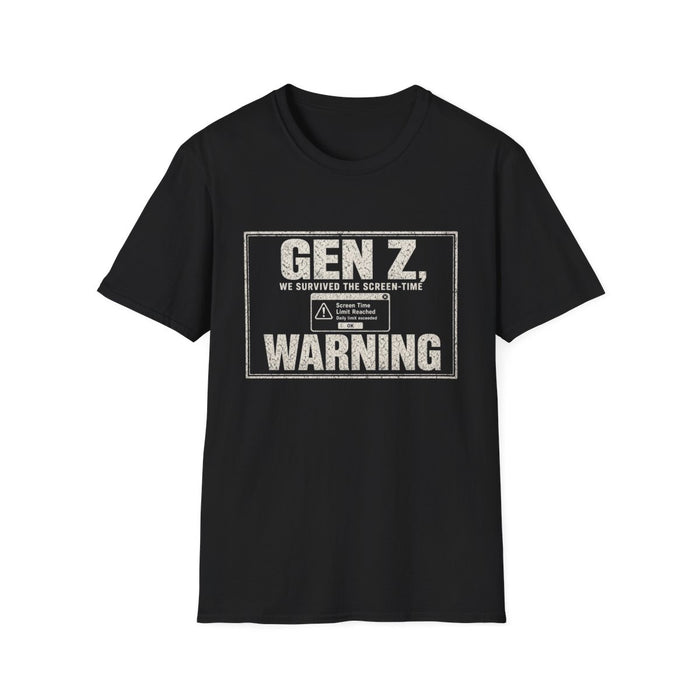 T-Shirt — "Gen Z — We Survived the Screen-Time Warning" Screen-Time Survivor White-Ink Tee