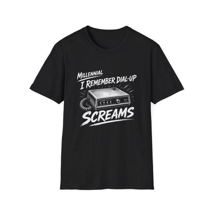 T-Shirt — "Millennial — I Remember Dial-Up Screams" Modem Tee (White Ink) - front flat mockup
