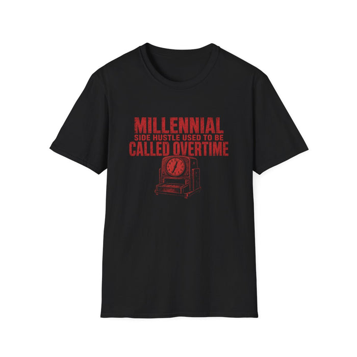 T-Shirt — "Millennial — Side Hustle Used to Be Called Overtime" Punch Clock Tee - front flat mockup